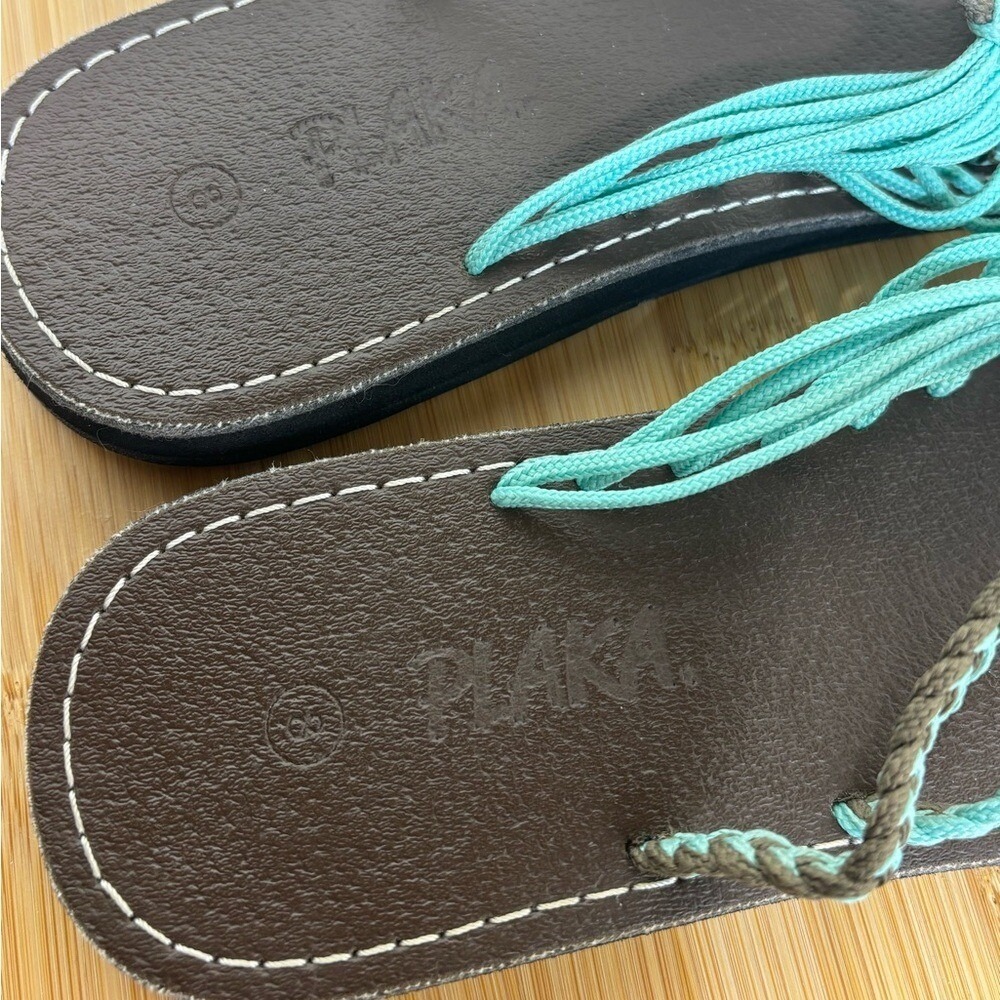 Plaka Oceanside Flat Sandals Size 8 Turquoise Brown Braided Rope Bohemian - Picture 3 of 8